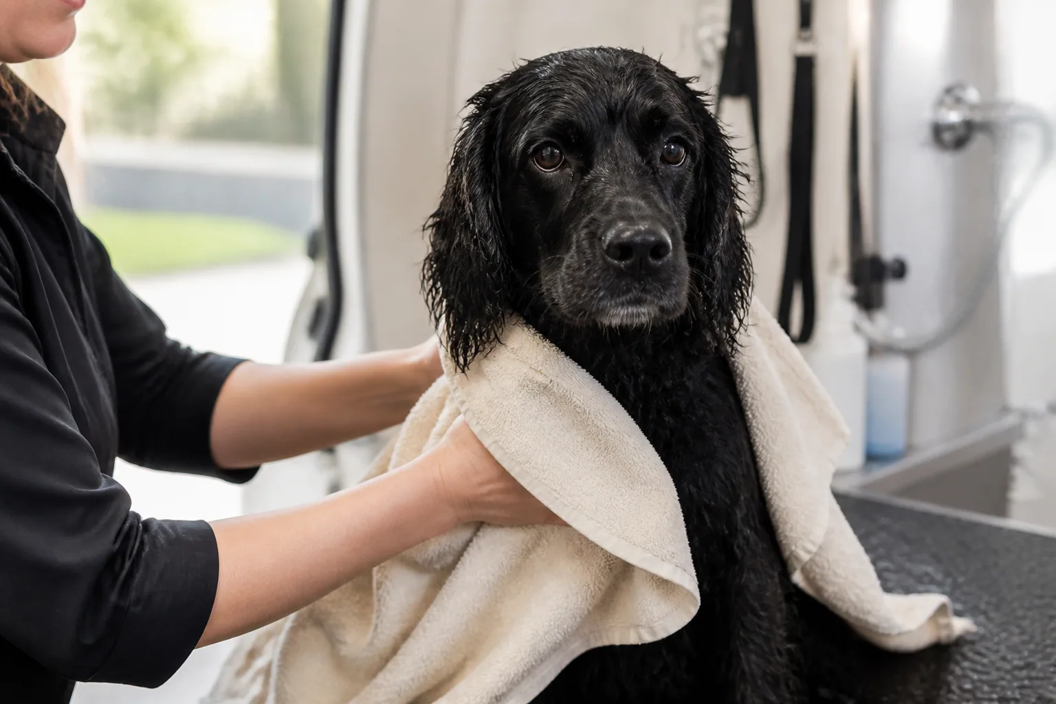 Black spaniel calmly wrapped in a towel after a bath