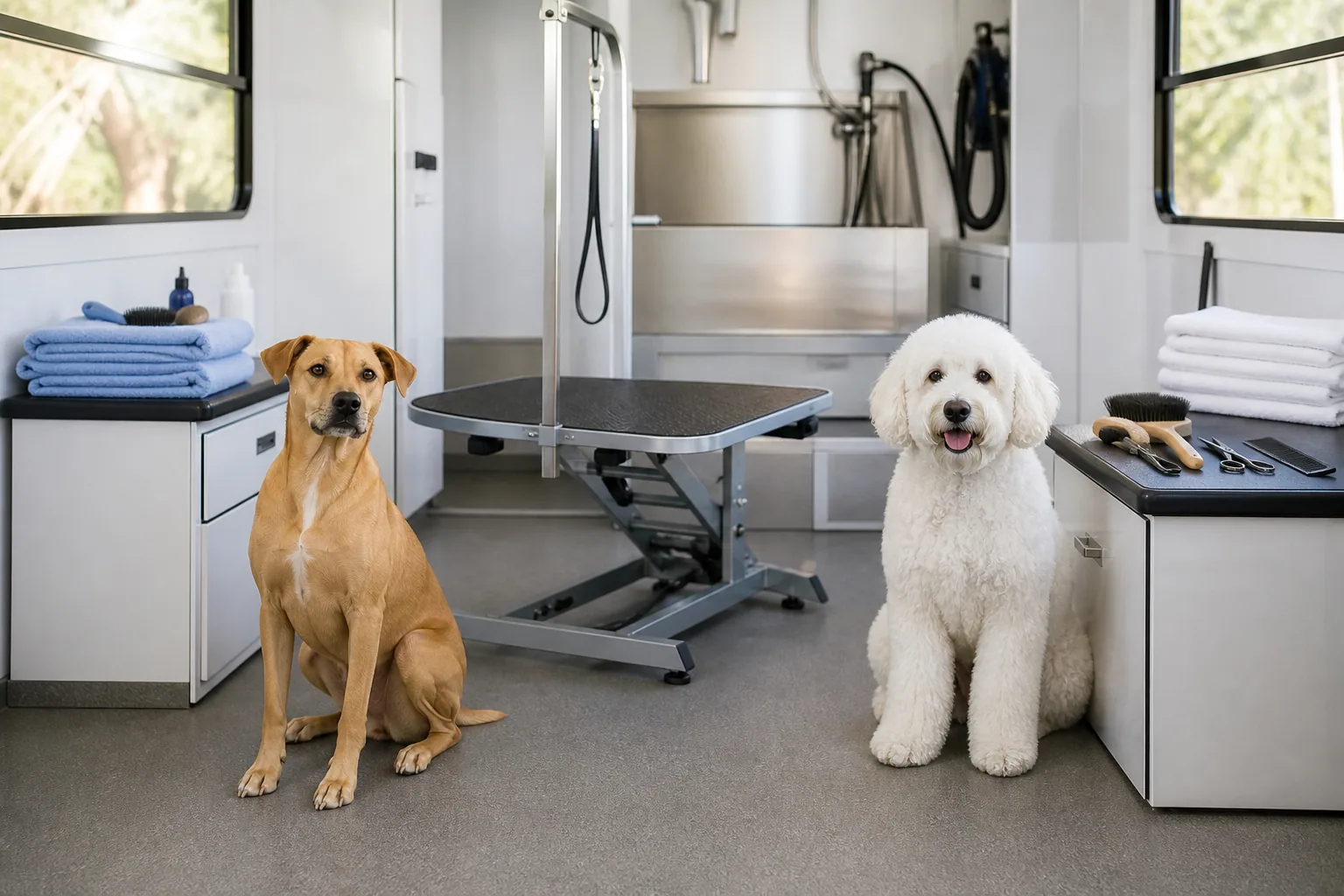 Two freshly groomed dogs sitting together in a bright studio
