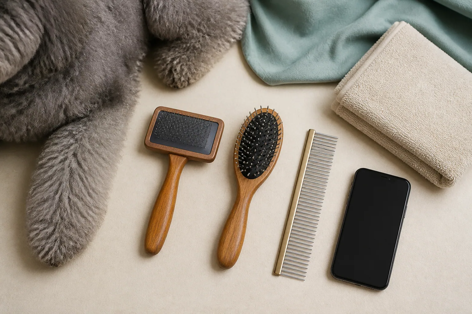 Dog grooming brushes and comb beside a calm gray dog