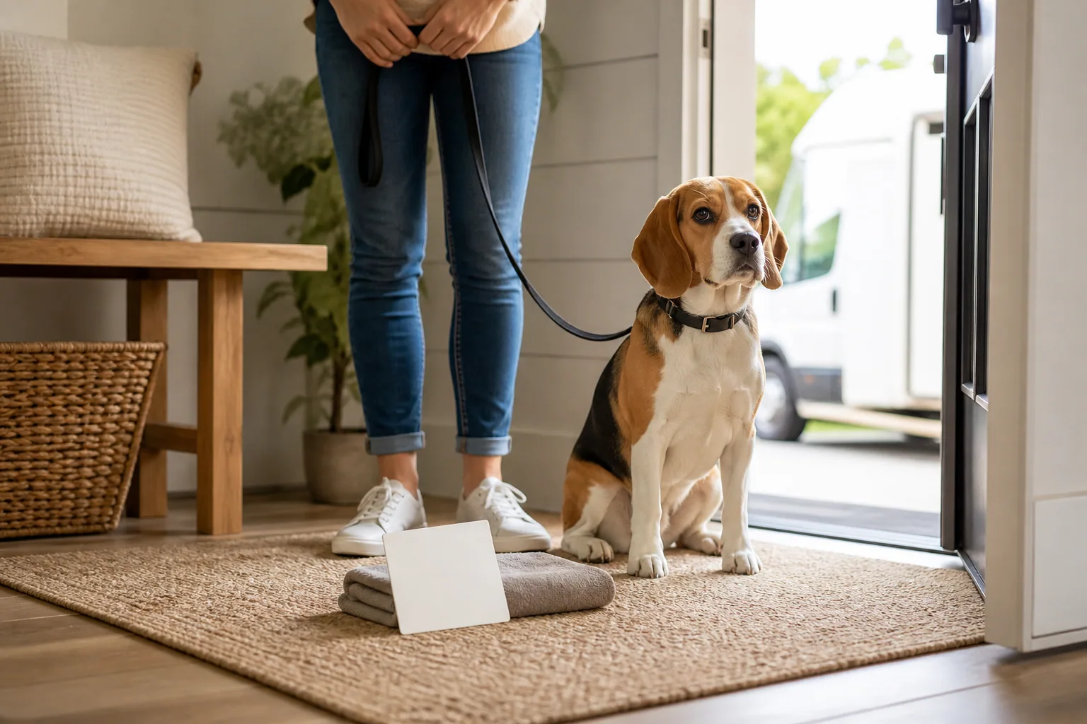 A prepared home entryway with a beagle waiting calmly