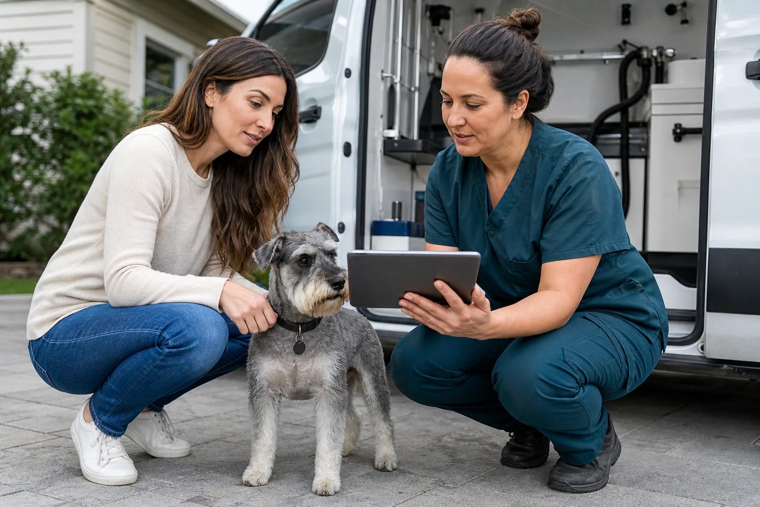 Pet owner and groomer reviewing a pet profile on a tablet