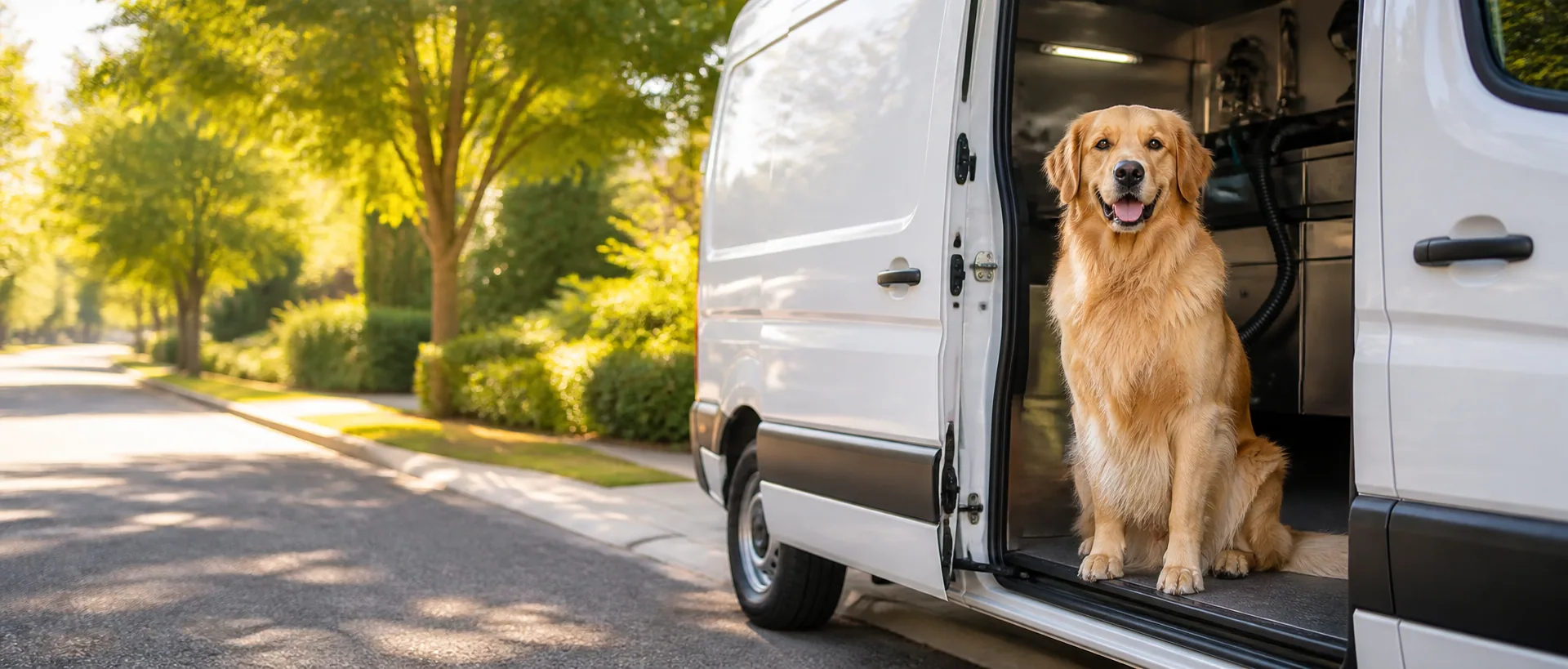 Freshly groomed golden retriever waiting at a mobile grooming van