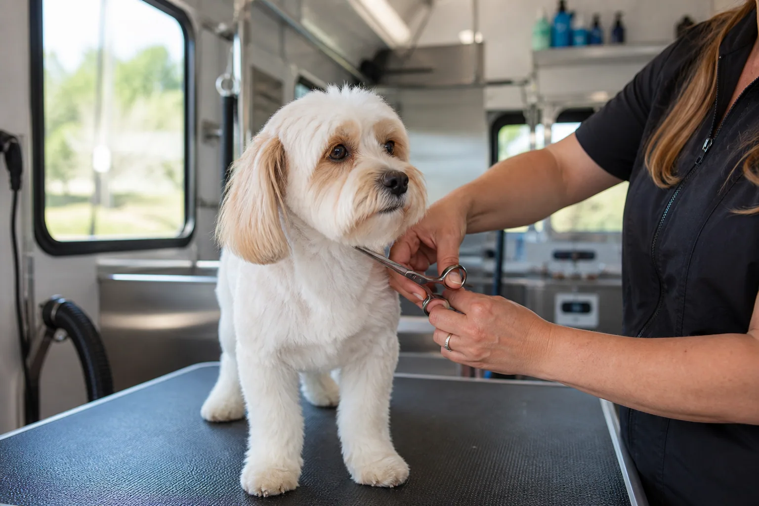 Small dog receiving a careful trim inside a mobile grooming van