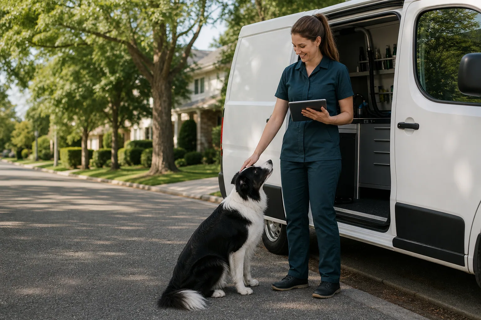 Mobile groomer reviewing a pet profile by the grooming van