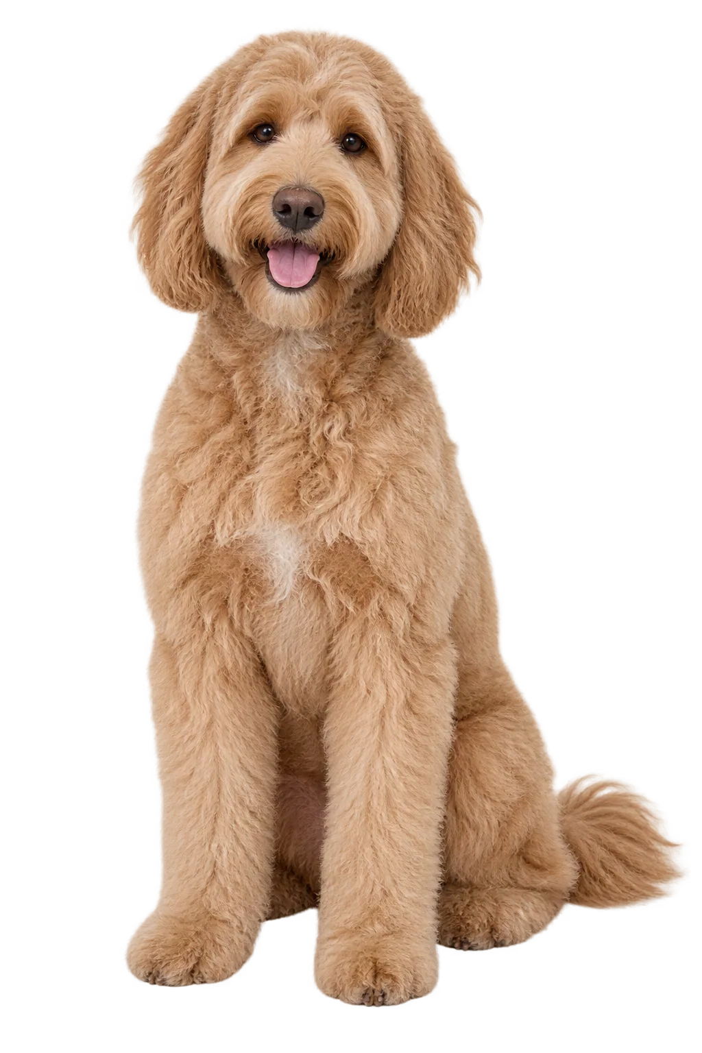 Happy apricot goldendoodle ready for a mobile grooming visit