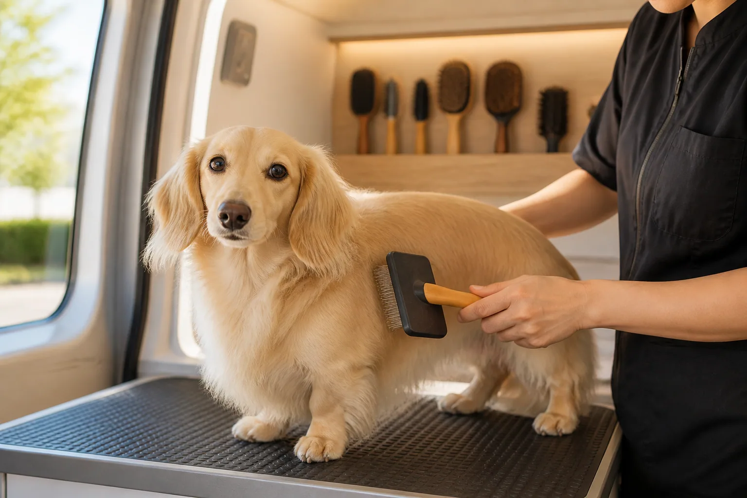 Cream dachshund being gently brushed